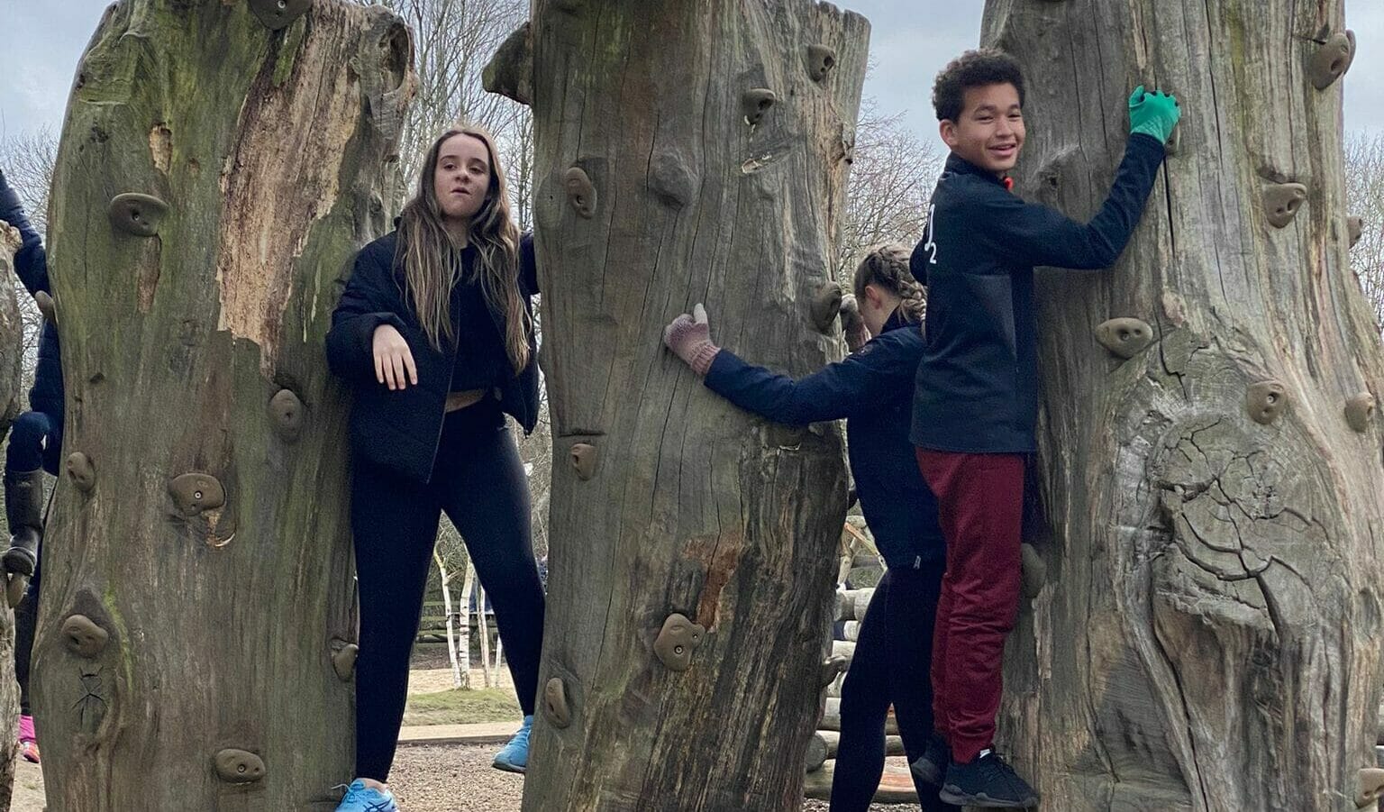 Students holding onto tree trunks