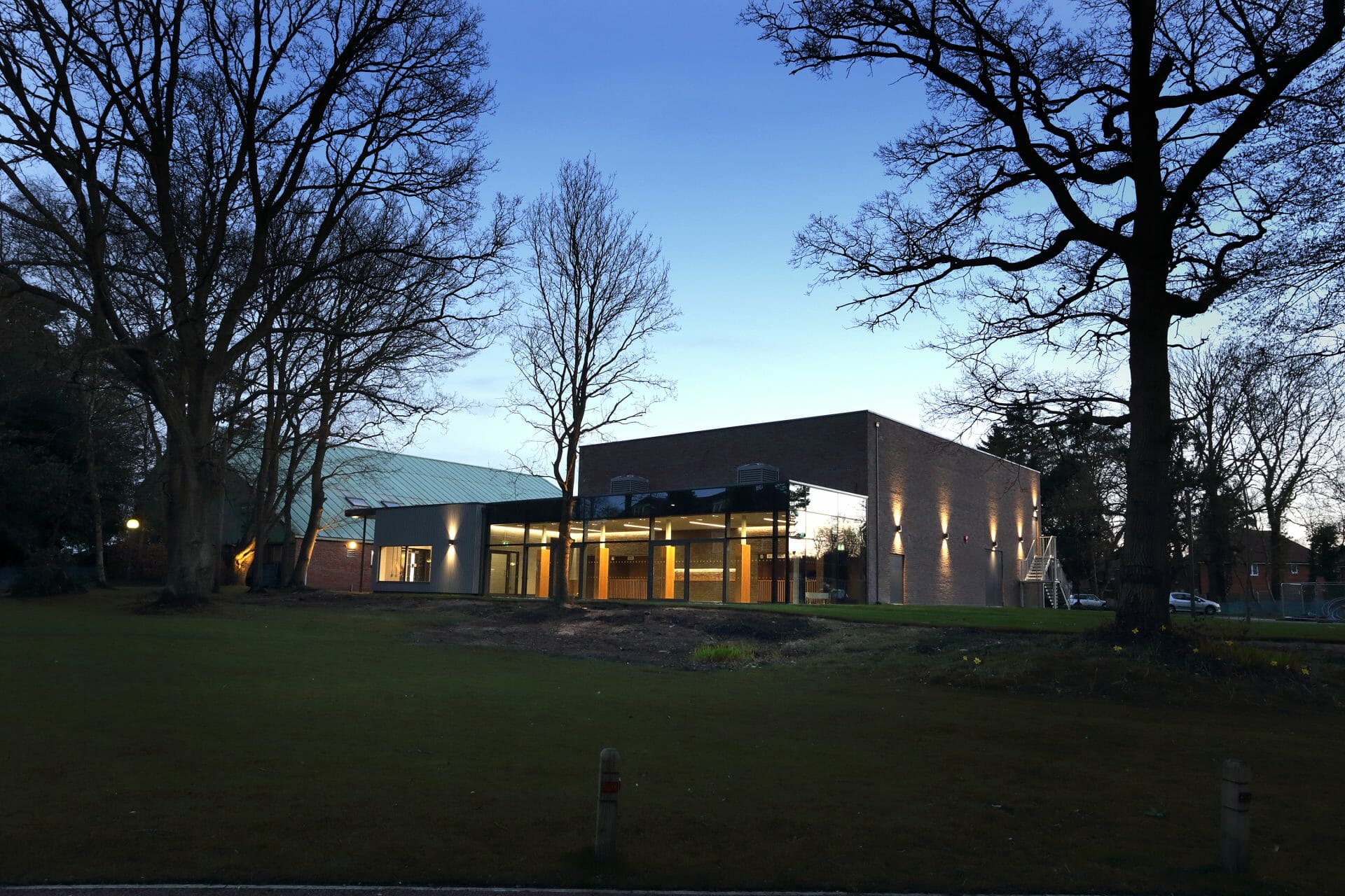 school building at sunset